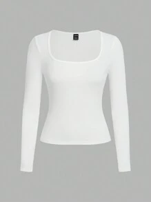 SHEIN EZwear Bộ 2 món áo thun sọc cổ vuông bó sát tay dài thường ngày cho nữ - Nhiều màu - Xem 3