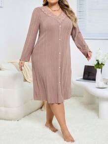 1pc Women Plus Size Flocked Ribbed Lace Patchwork Faux Stockings Long Sleeve Nightgown