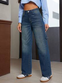 SHEIN Essnce Quần Jeans Ống Thẳng Túi Xiên Giặt Hàng Ngày Dành Cho Nữ, Phù Hợp Cho Mùa Thu - Rửa tối - Xem 4