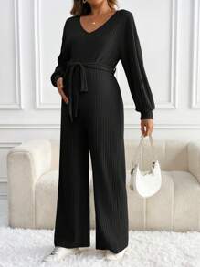 SHEIN Combinaison à manches longues pour femmes enceintes, col en V côtelé torsadé, couleur unie, pour la maternité