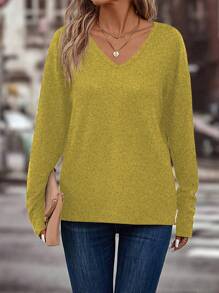 SHEIN LUNE 女式 V 领宽松蝙蝠袖长袖 T 恤，休闲日常穿着，秋季 - 黃色 - 查看 5