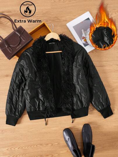 SHEIN Essnce Abrigo acolchado de manga larga de color negro sólido y textura esponjosa con parches, chaqueta de mujer para otoño/invierno, chaqueta corta de invierno de estilo coreano holgada y cálida