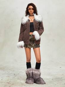 ROMWE Grunge Punk 1 pieza Abrigo con cuello desmontable de peluche de color contrastante con forro de pana, estilo distópico para mujer