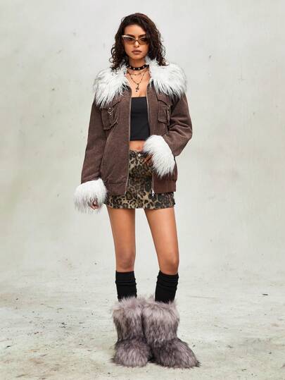 Grunge Punk 1 Cappotto da donna con collo staccabile in pelliccia e fodera in velluto a coste, dallo stile distopico