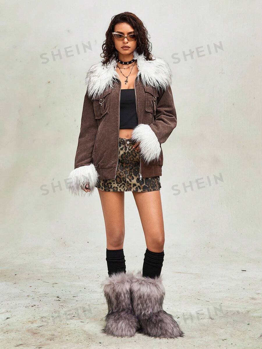 ROMWE Grunge Punk 1 pieza Abrigo con cuello desmontable de peluche de color contrastante con forro de pana, estilo distópico para mujer