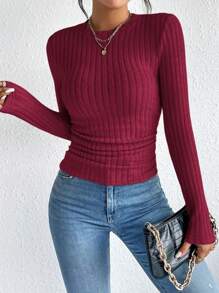 SHEIN Frenchy Women Casual Solid Color Ribbed Long Sleeve Fitted T-Shirt, Spring/Autumn - Burgundy - View 6