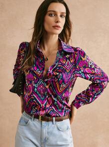 Poéselle 滿版印花前紐扣緞面襯衫