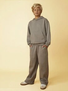 SHEIN 男童秋冬季灰色纯色落肩卫衣，带袋鼠口袋，休闲运动卫衣，适合日常穿着 - 灰色 - 查看 5