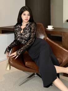 DAZY V领撞色蕾丝开衩中长连衣裙，优雅新年舞会礼服，秋季长袖连衣裙 - 黑色 - 查看 6