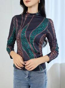 SHEIN LUNE 女士立领全印花优雅长袖 T 恤 - 彩色 - 查看 1