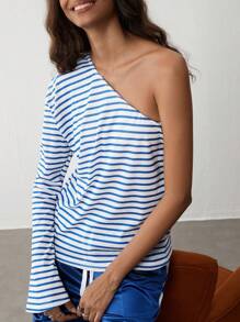 Flirla 1pc Women Blue Stripe Asymmetric One Shoulder Top, Minimalist Design, Autumn/Winter