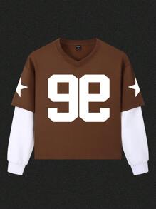 Manfinity Dauomo Men's V-Neck 99 Graphic Print Long Sleeve T-Shirt, Y2K Sporty Style - Brown - View 1