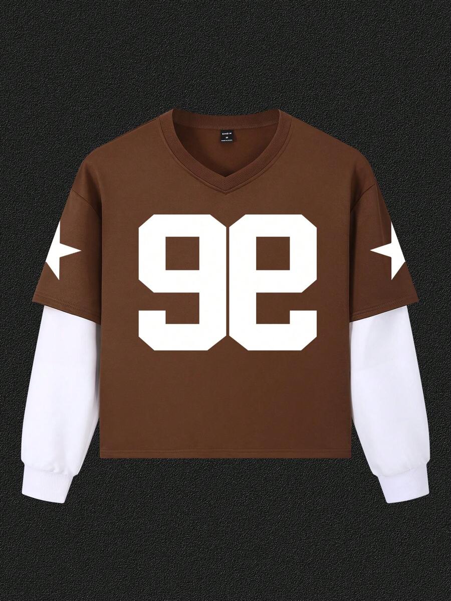 Manfinity Dauomo Men's V-Neck 99 Graphic Print Long Sleeve T-Shirt, Y2K Sporty Style - Brown - View 1