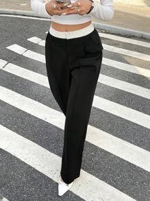 SHEIN Frenchy Pantalones de traje holgados de color contrastante para mujeres, versátiles para el uso diario, otoño