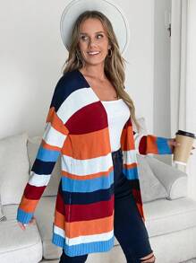 SHEIN LUNE Autumn/Winter Fashion Women's Striped Color Block Cardigan Sweater, Orange Sweater - Multicolor - View 8