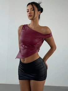 Aloruh Blusa asimétrica con hombro oblicuo, (PU), elegante y sexy, para fiesta/citas/ocasiones formales, para mujeres