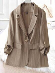 SHEIN Clasi Áo khoác vest nữ cổ phẳng kẻ sọc tay viền vest đi làm thường ngày, mùa thu - Cà phê nâu - Xem 1