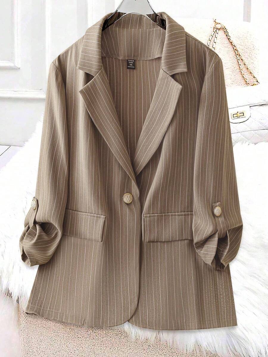 SHEIN Clasi Áo khoác vest nữ cổ phẳng kẻ sọc tay viền vest đi làm thường ngày, mùa thu - Cà phê nâu - Xem 1