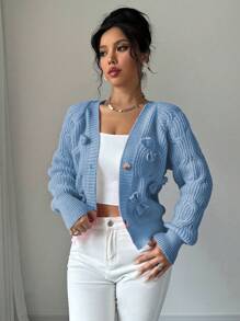 Elenzga Áo khoác cardigan trơn màu thường ngày có nơ trang trí cho nữ, Thu/Đông - Màu xanh nhạt - Xem 6