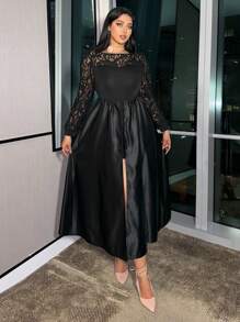 Allurite 大码纯色蕾丝拼布灯笼袖开衩至大腿长度连衣裙 - 黑色 - 查看 5