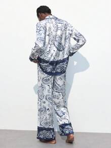 Maija Women's Paisley Print Placement Pattern Blue Long Sleeve Button Shirt & Elastic Waist Pants 2 Pieces Set, Early Spring - Black - View 6