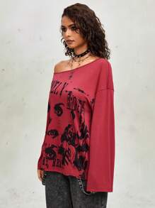 ROMWE Grunge Punk 不对称领口 T 恤，带图形轮廓印花 - 酒紅色 - 查看 6