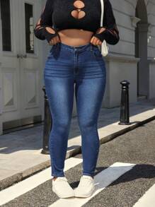 SHEIN EZwear Plus Size Women Casual Washed Skinny Jeans For Everyday Wear, Autumn