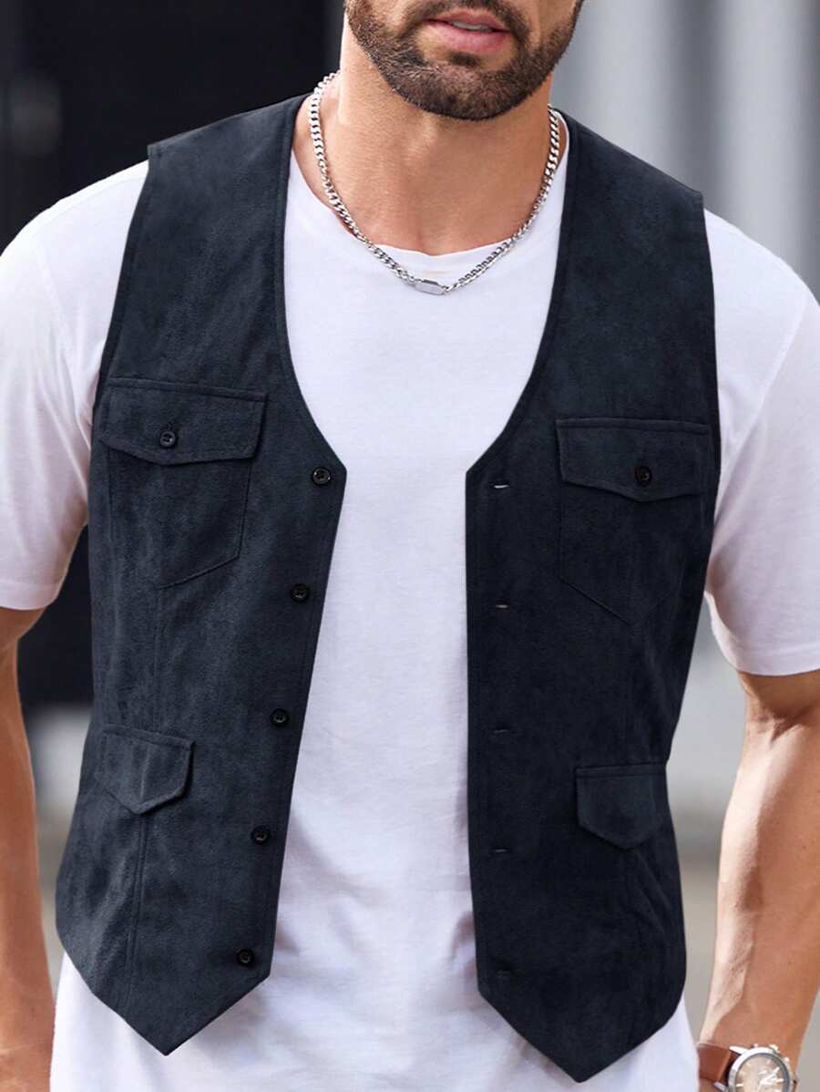 Manfinity VCAY Men's Woven Fitted Casual Round Neck Reversible Vest - Navy Blue - View 1
