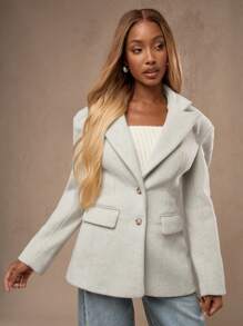 MISSGUIDED Premium Wool Blend Blazer Winter Outerwear Classic Double Button Professional Work Office Business Formal Elegant Lined Tailored Shoulder Pads - Apricot - View 1