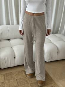 SHEIN EZwear Women Casual Thermal Lined Ribbed Long Pants, Comfortable Home Wear For Autumn/Winter - Dark Grey - View 3