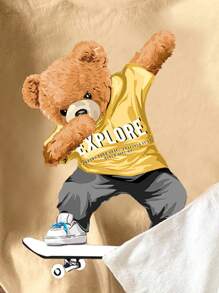 SHEIN 3pcs/Set Young Boy Casual Minimalist Cartoon Panda Sports Pattern Loose Fit Round Neck Short Sleeve T-Shirts, Black/White/Khaki, Suitable For Summer