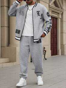 Manfinity Homme Plus Size Men's Letter Print Zip-Up Jacket And Pants Casual Tracksuit, Men 2 Pieces Set, Men Tracksuit Set, Men Outerwear Co Ords, Fall Clothes