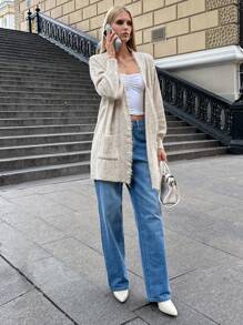 EURMUSE Casual Solid Color Dual Pocket Fringe Cardigan, Autumn/Winter - Beige - View 5