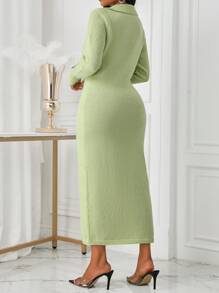 Zolique Váy len dài tay cài nút màu xanh lá cây cho nữ, mùa thu/đông - Màu xanh chanh - Xem 2