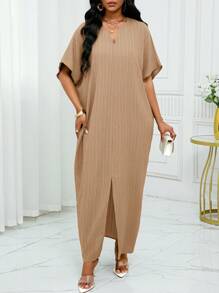 SHEIN Lady Autumn And Summer Simple Solid Notched Batwing Sleeve Split Hem Dress,Summer Dresses For Women
