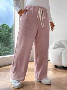 Flirla Plus Size Solid Color Thermal Lined Casual Pants For Fall/Winter