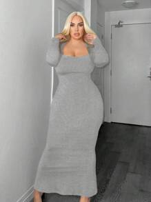 SHEIN SXY Plus Size Elegant Minimalist Solid Color Square Collar Mermaid Hem Fitted Dress, Spring/Autumn - Dark Grey - View 1