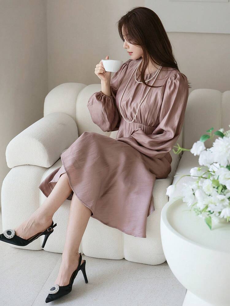 Women's Solid Color Lantern Sleeve Fishtail Ruffle Asymmetric Hem Dress,Fall Clothes Long Sleeve Dress