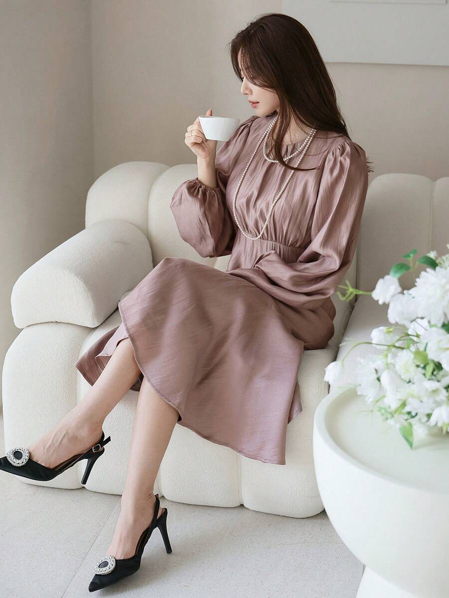 DAZY Women's Solid Color Lantern Sleeve Fishtail Ruffle Asymmetric Hem Dress,Fall Clothes Long Sleeve Dress - Purple - View 1