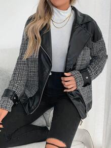 SHEIN LUNE Áo khoác Biker dáng rộng dành cho nữ có chi tiết chắp vá bằng vải tuýt, khóa kéo, thu đông - Đen và trắng - Xem 4