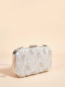 SHEIN Belle 女士、女士手包、晚装包、时尚、优雅、精致、经典、珍珠、刺绣、银色、适合新娘、伴娘、婚礼嘉宾、蜜月、婚礼、新娘送礼会、派对、约会、晚会、约会之夜、秋冬季 - 銀色 - 查看 2