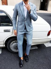 Manfinity Bizformal Men Stripe Pattern Formal Business Casual Notched Collar Suit Jacket And Pants Set - Grey - View 4