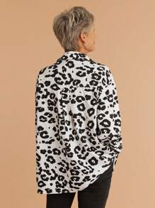 SHEIN LUNE 1 件女士秋季宽松蝙蝠袖休闲通勤豹纹衬衫 - 黑與白 - 查看 5