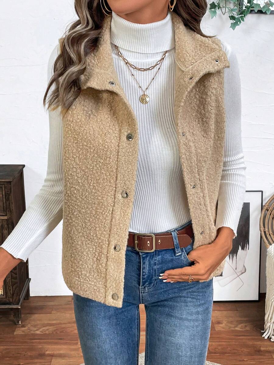 SHEIN LUNE 1 chiếc áo khoác nỉ Teddy màu Khaki, mùa thu - Màu Khaki - Xem 1