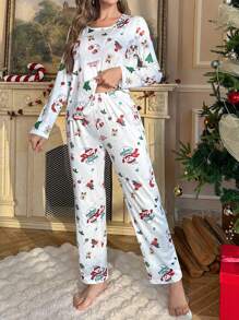 Bộ đồ ngủ cổ tròn in họa tiết Giáng sinh cho nữ và quần dài, quần áo mùa thu - trắng - Xem 6