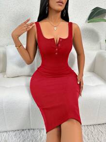 VaVaBold 女士纯色宽肩带前扣简约修身休闲连衣裙，适合新年穿着，长款女装 - 紅色 - 查看 7