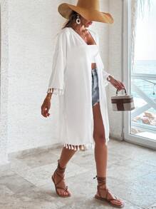EURMUSE Tassel Trim Drop Shoulder Open Front Kimono, For Summer Beach Vacation - White - View 3