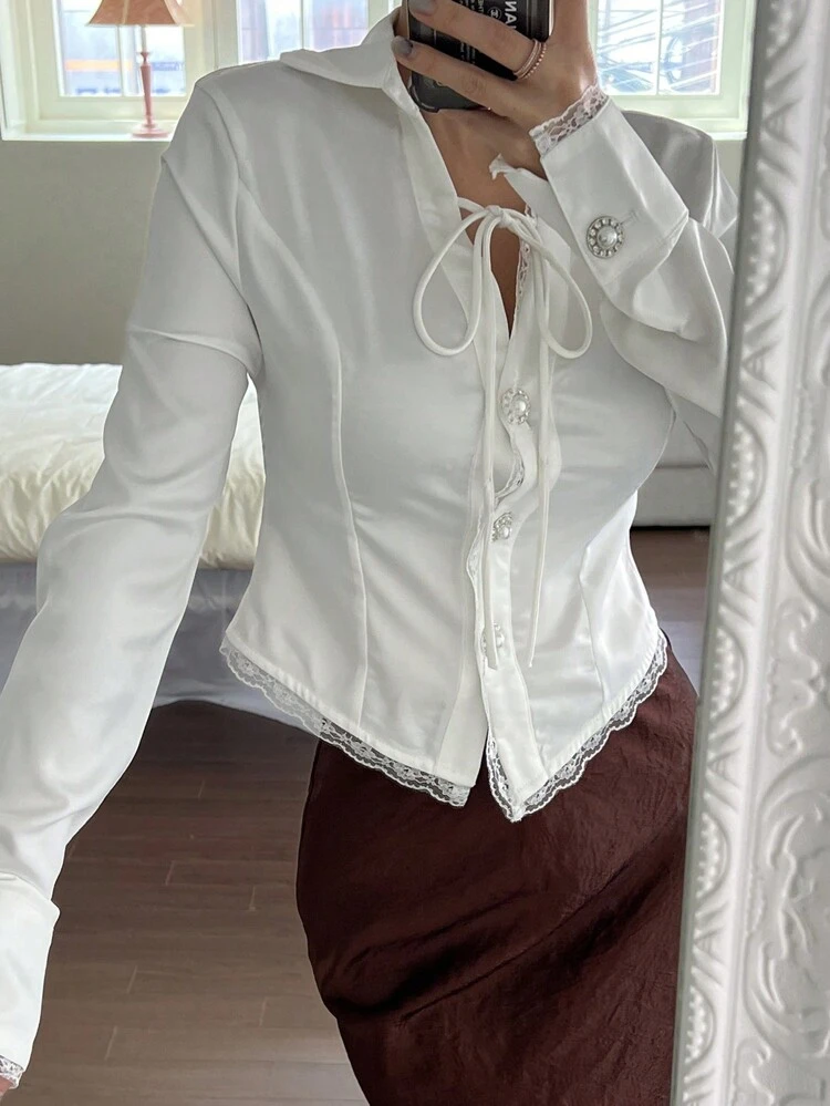 1pc Women Vintage Lace Cinched Cinched Waist Front Shirt Fall,Winter