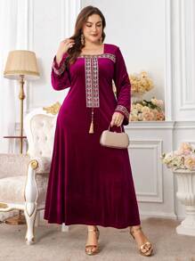 Al Najma Váy Maxi Abaya Tay Dài Tua Rua Sang Trọng Cỡ Lớn Màu Đỏ Nhung Burgundy Cho Nữ - Màu Đỏ Sâu - Xem 3