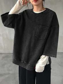 FRIFUL Women Casual Loose Round Neck Mid-Length Sleeve Split Open Sweatshirt - Black - View 3